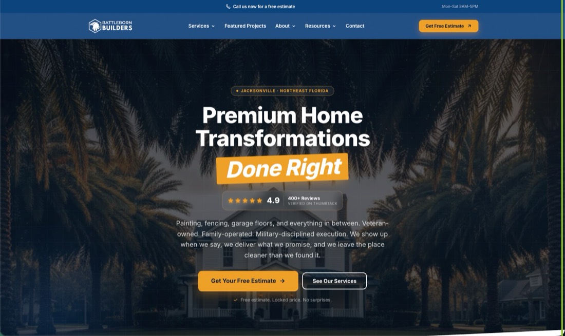 Battleborn Builders, a Home remodeler in Jacksonville, website built by Elite Builders
