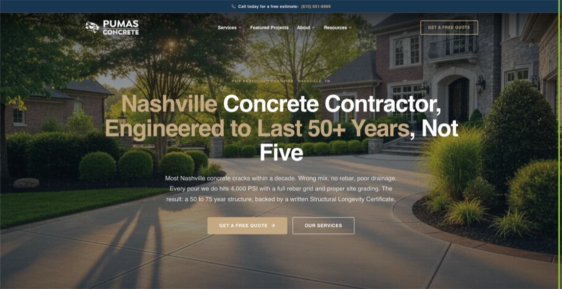 Pumas Concrete, a Concrete in Nashville, website built by Elite Builders
