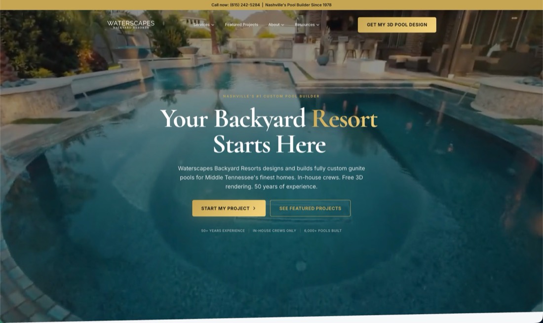 Waterscapes, a Pool builder in Nashville, website built by Elite Builders